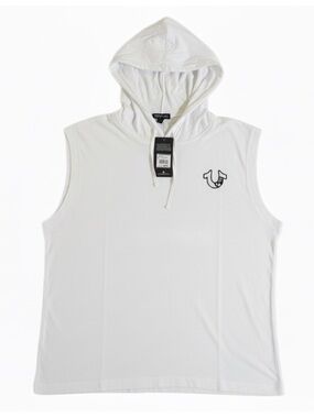 True Religion White Hooded Tank with Black Tag Detail